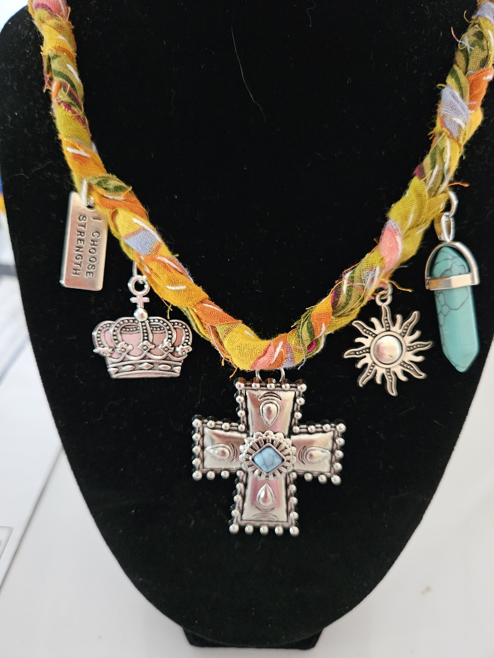 Boho Kantha Cross Charm Necklace with Turquoise Pendant and Sun Charm